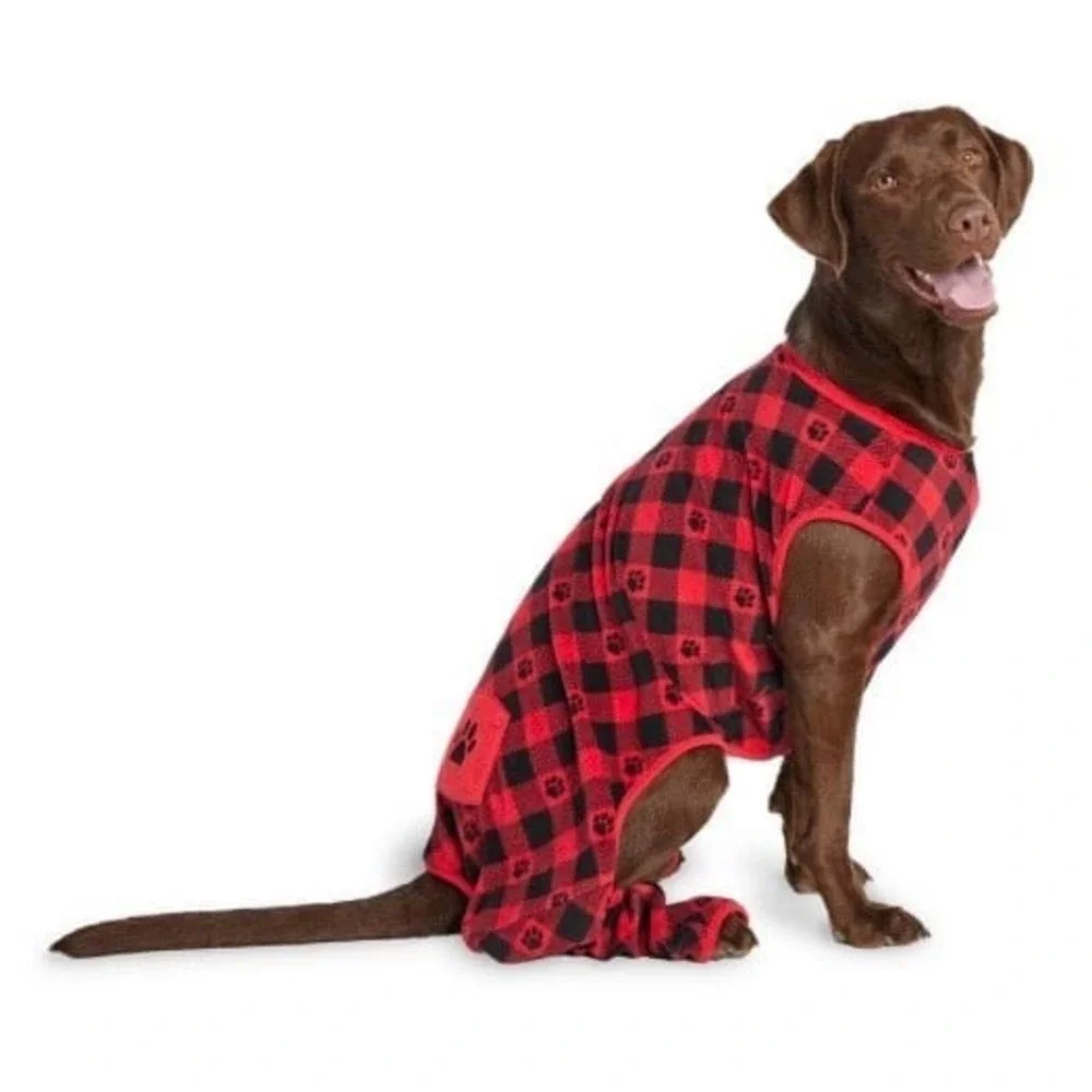 Merry & Bright holiday flapjack style dog pajamas red black buffalo check Sz L